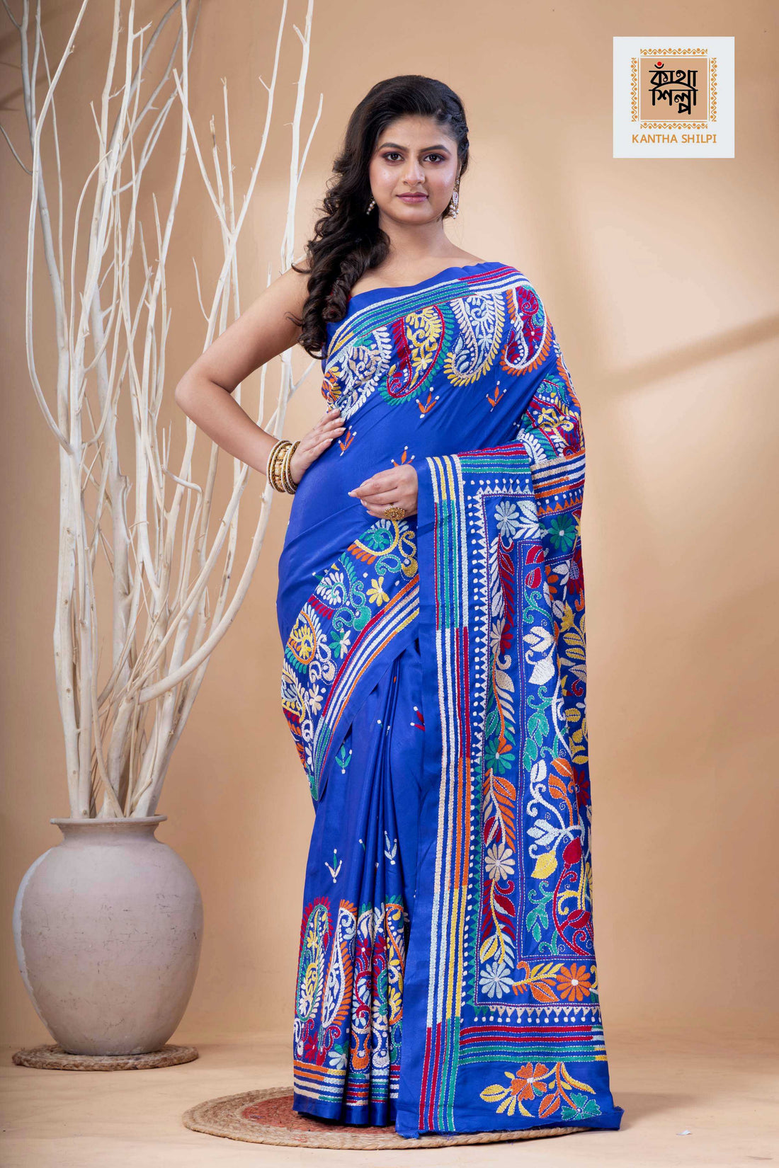Blue Color Bangalore Silk Multicolor Thread Work Kantha Stitch Saree