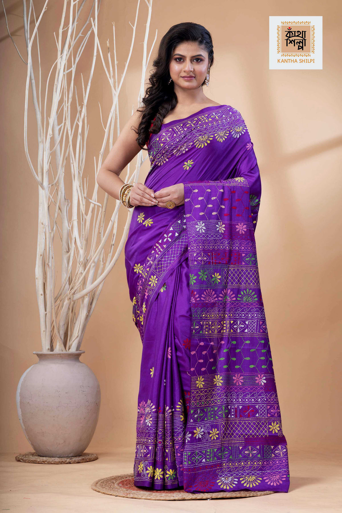 Purple Color Bangalore Silk Multicolor Thread Work Lambani Stitch Saree