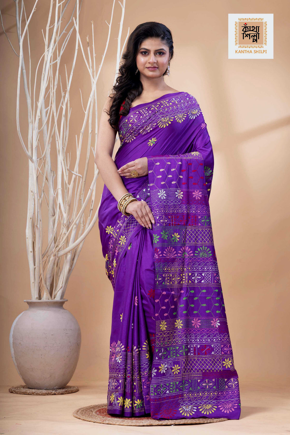 Purple Color Bangalore Silk Multicolor Thread Work Lambani Stitch Saree