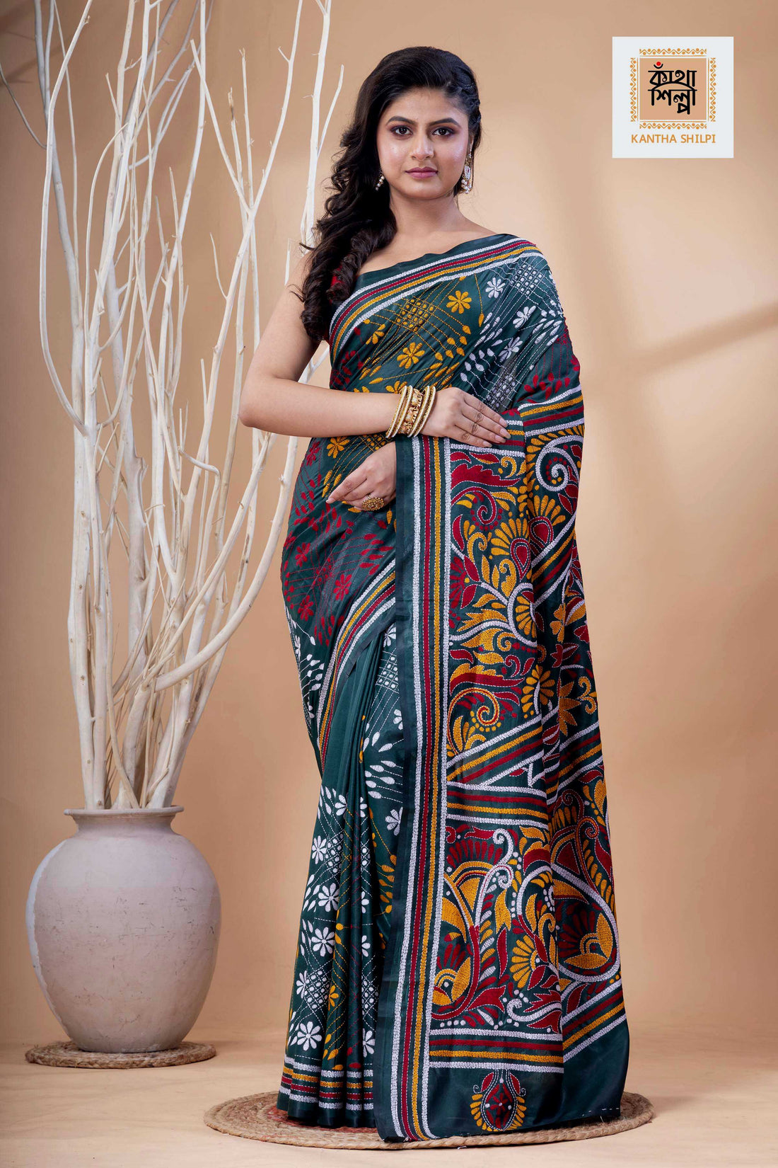 Dark Green Color Bangalore Silk Multicolor Color Thread Work Kantha Stitch Saree