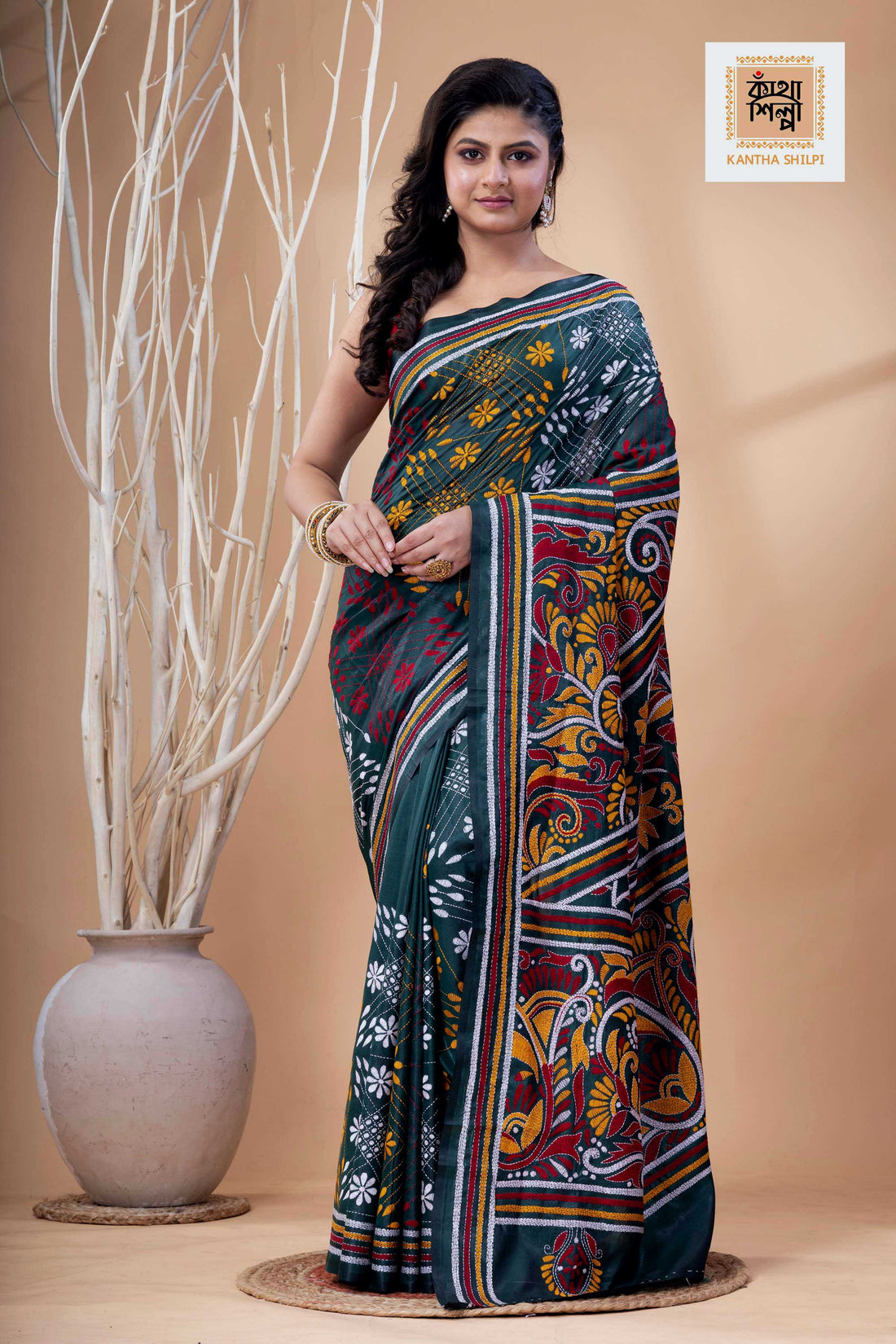 Dark Green Color Bangalore Silk Multicolor Color Thread Work Kantha Stitch Saree