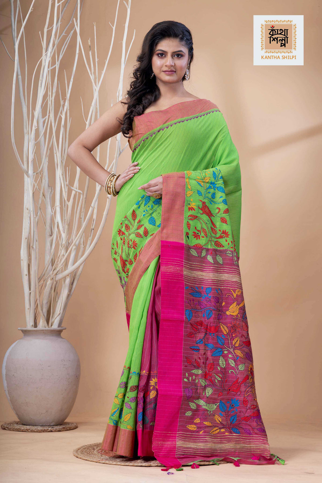 Green Color Handloom Cotton with Multicolor Thread Work Kantha Stitch Saree