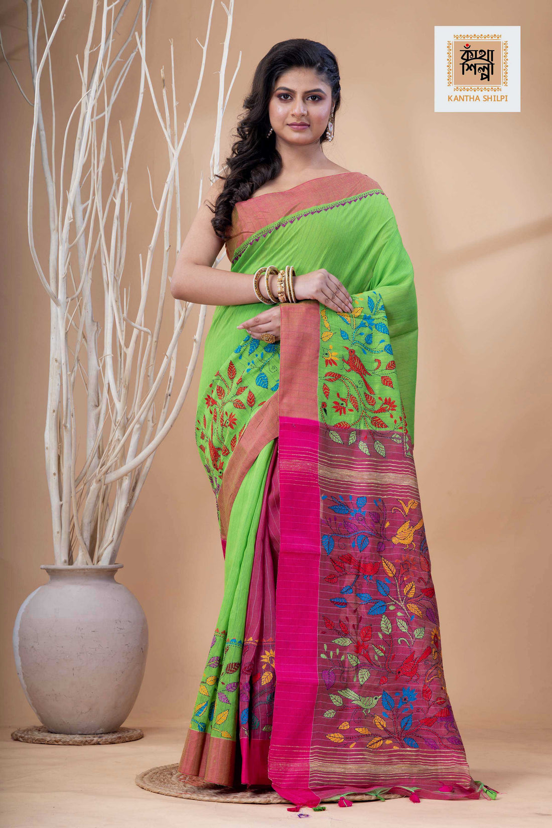 Green Color Handloom Cotton with Multicolor Thread Work Kantha Stitch Saree