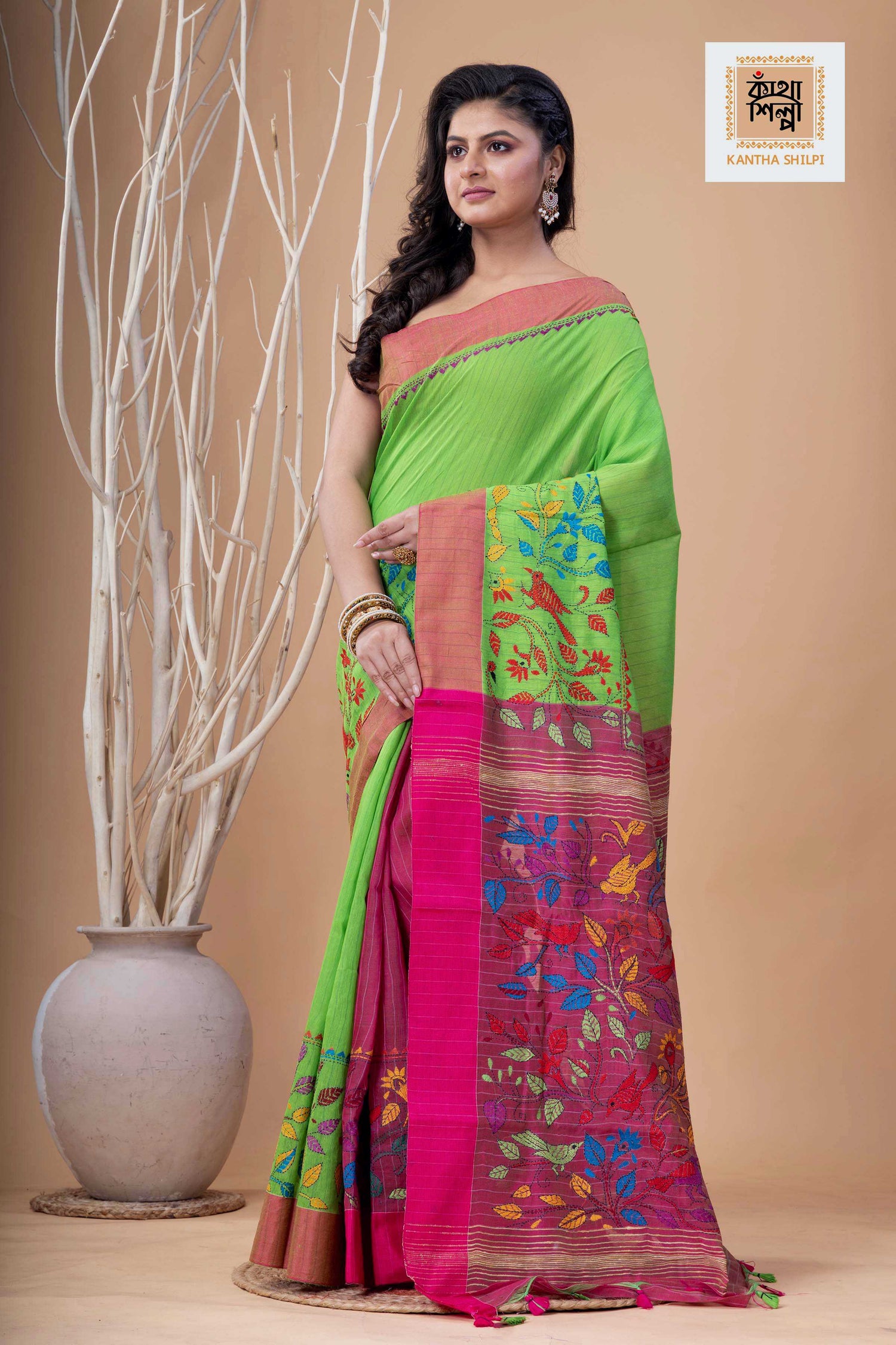 Green Color Handloom Cotton with Multicolor Thread Work Kantha Stitch Saree