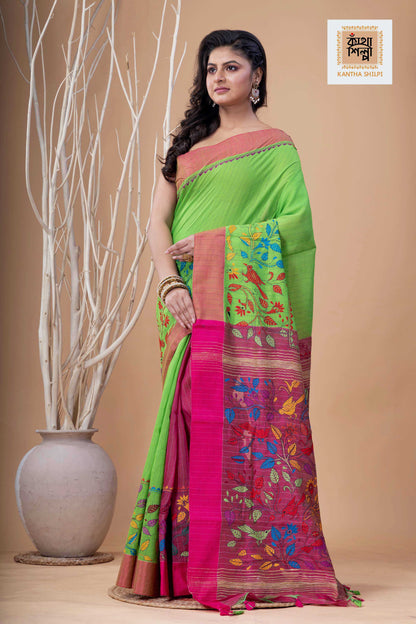 Green Color Handloom Cotton with Multicolor Thread Work Kantha Stitch Saree