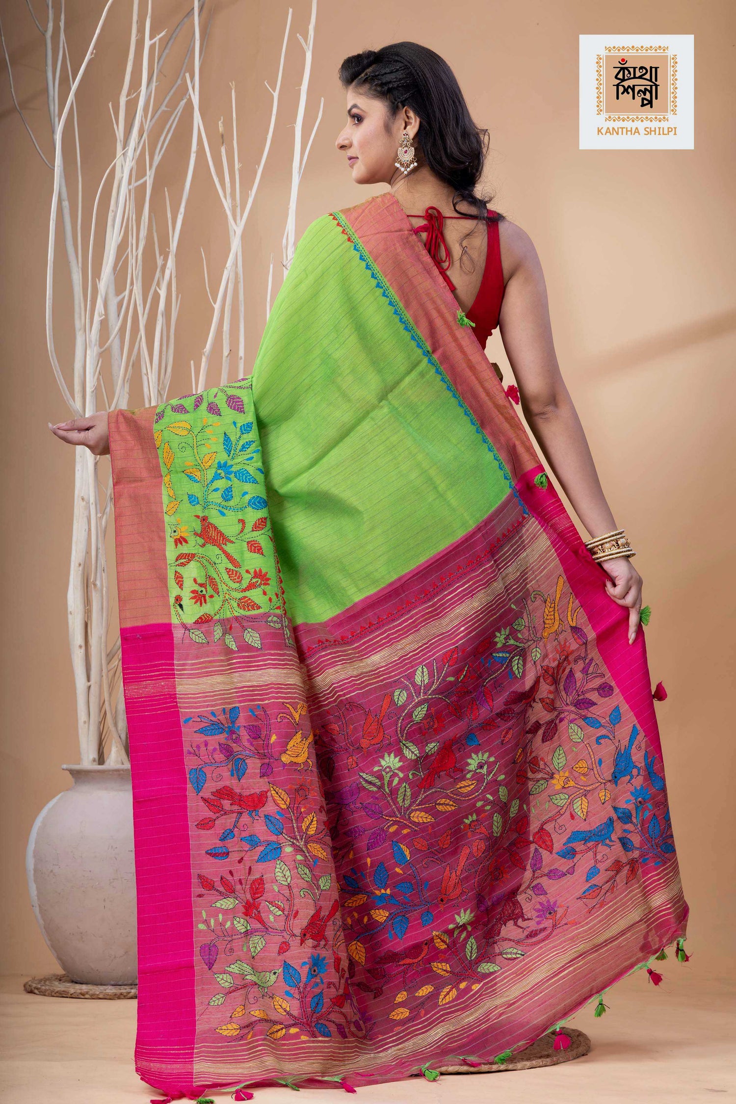 Green Color Handloom Cotton with Multicolor Thread Work Kantha Stitch Saree