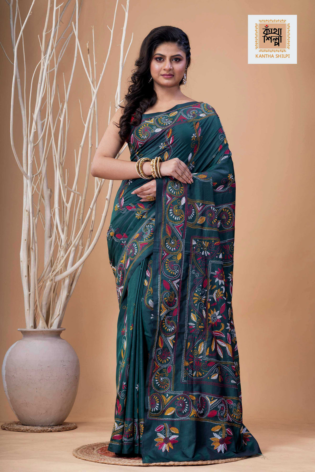 Dark Green Color Bangalore Silk Multicolor Color Thread Work Kantha Stitch Saree