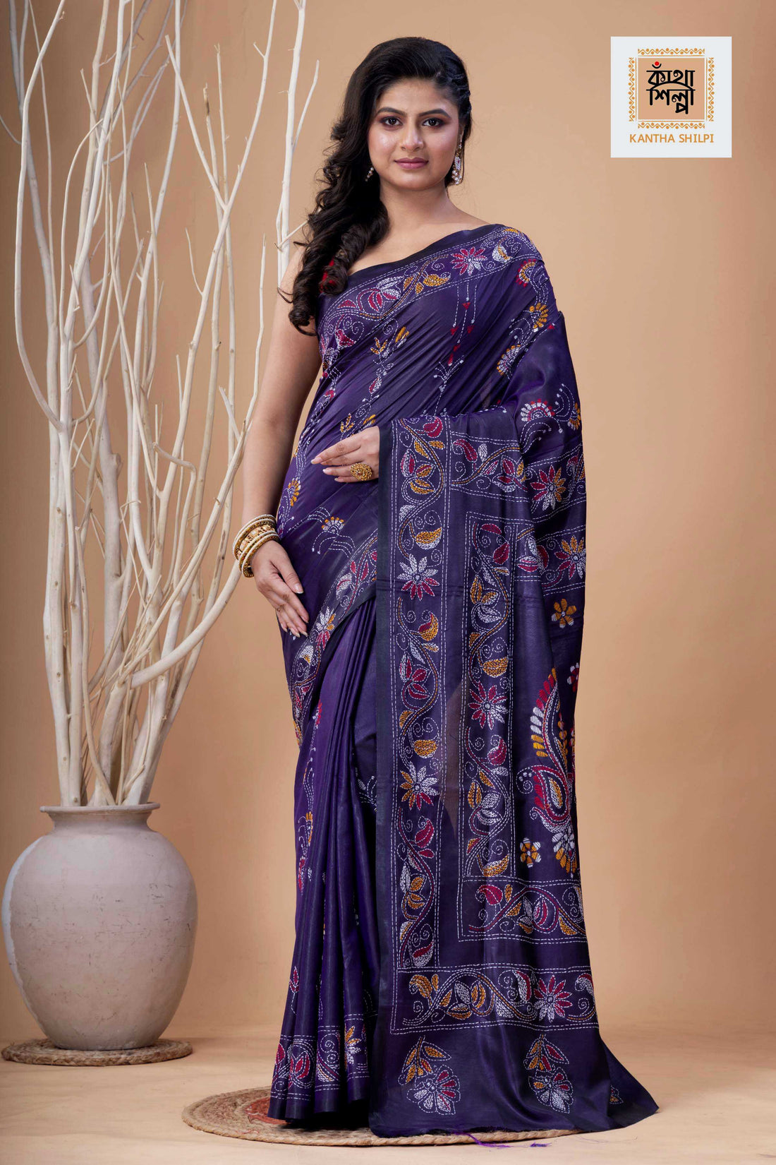 Purple Color Bangalore Silk Multicolor Thread Work Kantha Stitch Saree