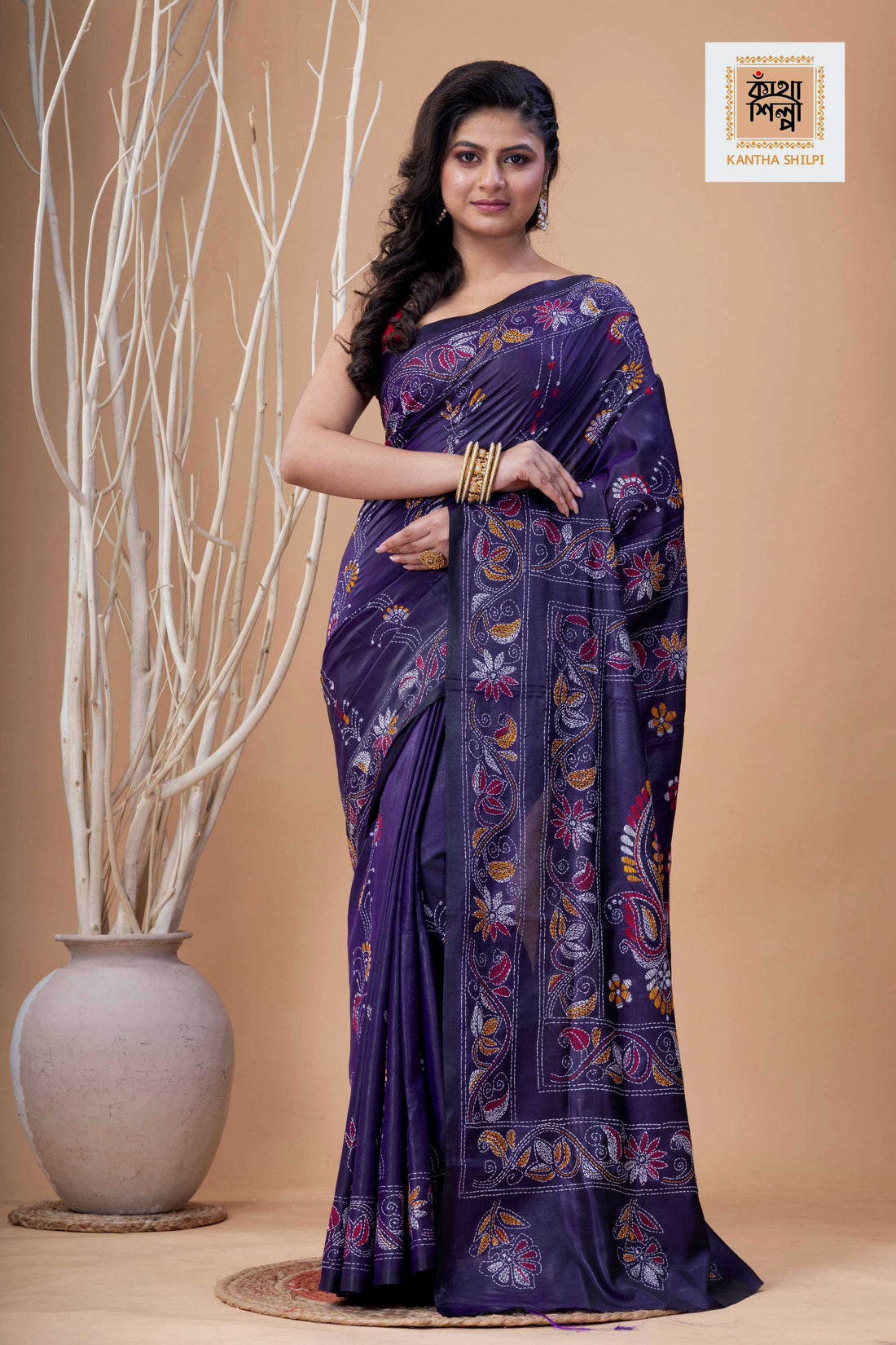 Purple Color Bangalore Silk Multicolor Thread Work Kantha Stitch Saree
