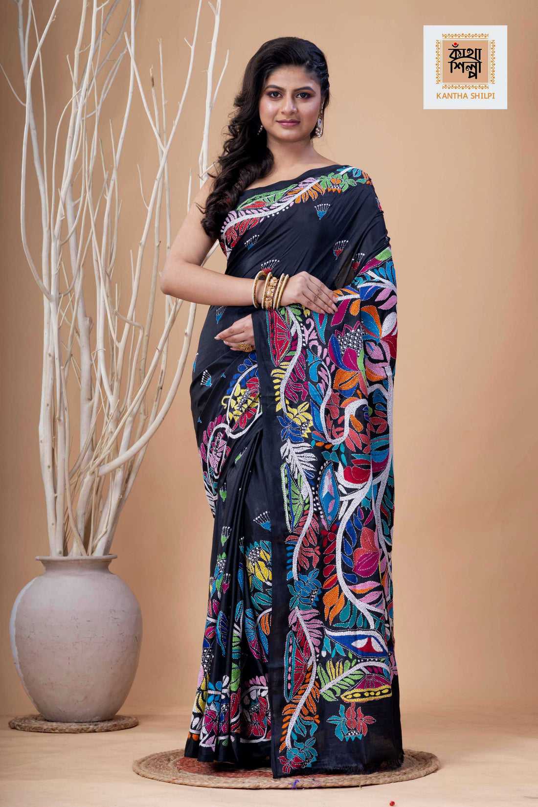 Black Color Bangalore Silk Multicolor Thread Work Kantha Stitch Saree