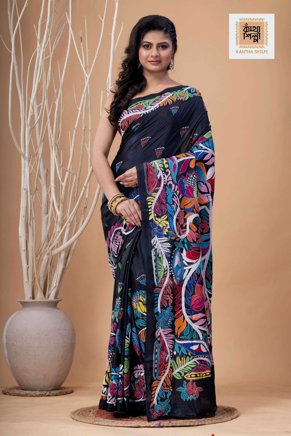 Black Color Bangalore Silk Multicolor Thread Work Kantha Stitch Saree