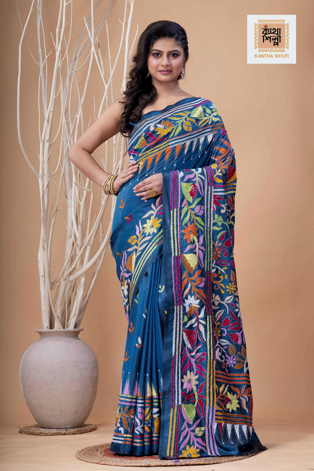 Denim Color Bangalore Silk Multicolor Thread Work Kantha Stitch Saree