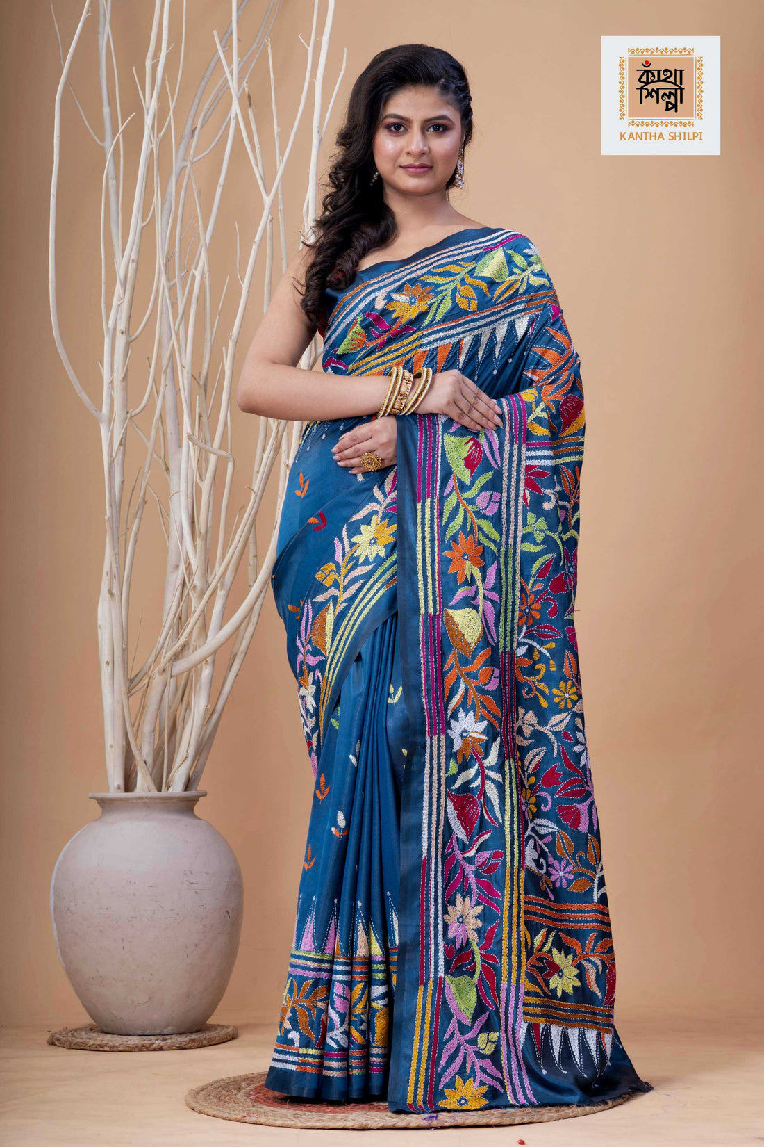 Denim Color Bangalore Silk Multicolor Thread Work Kantha Stitch Saree