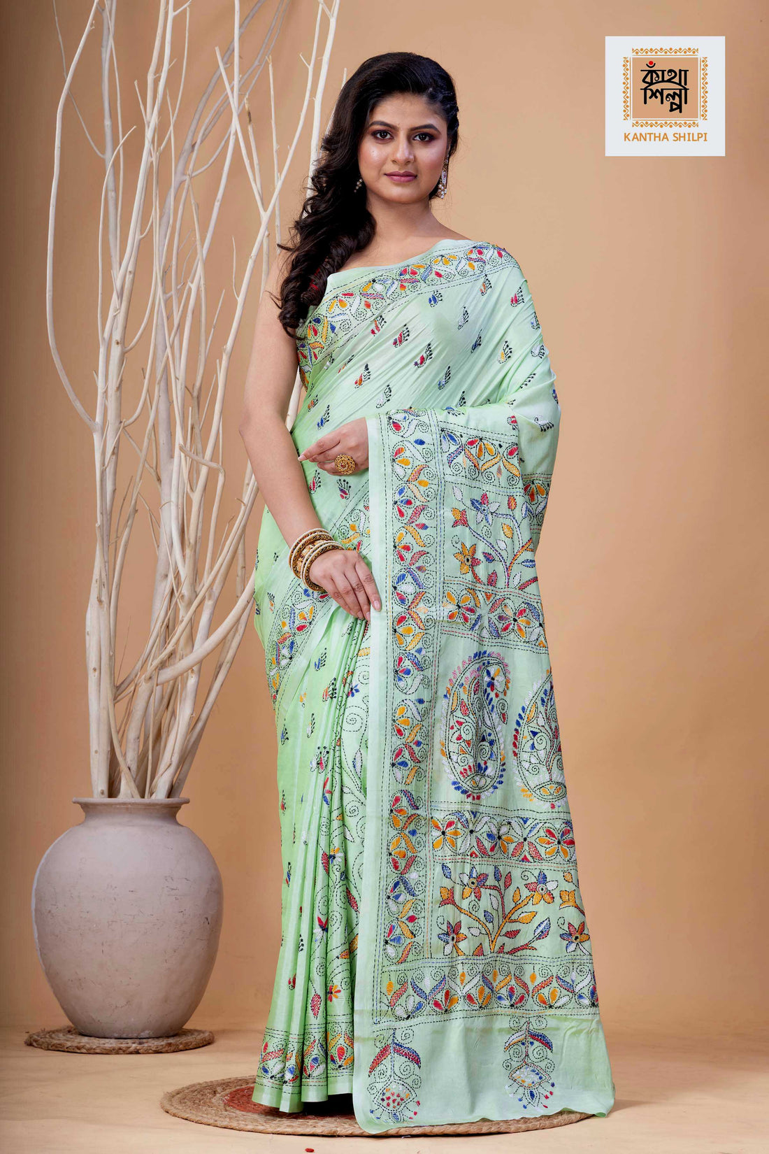 Mint Green Color Bangalore Silk Multicolor Thread Work Kantha Stitch Saree