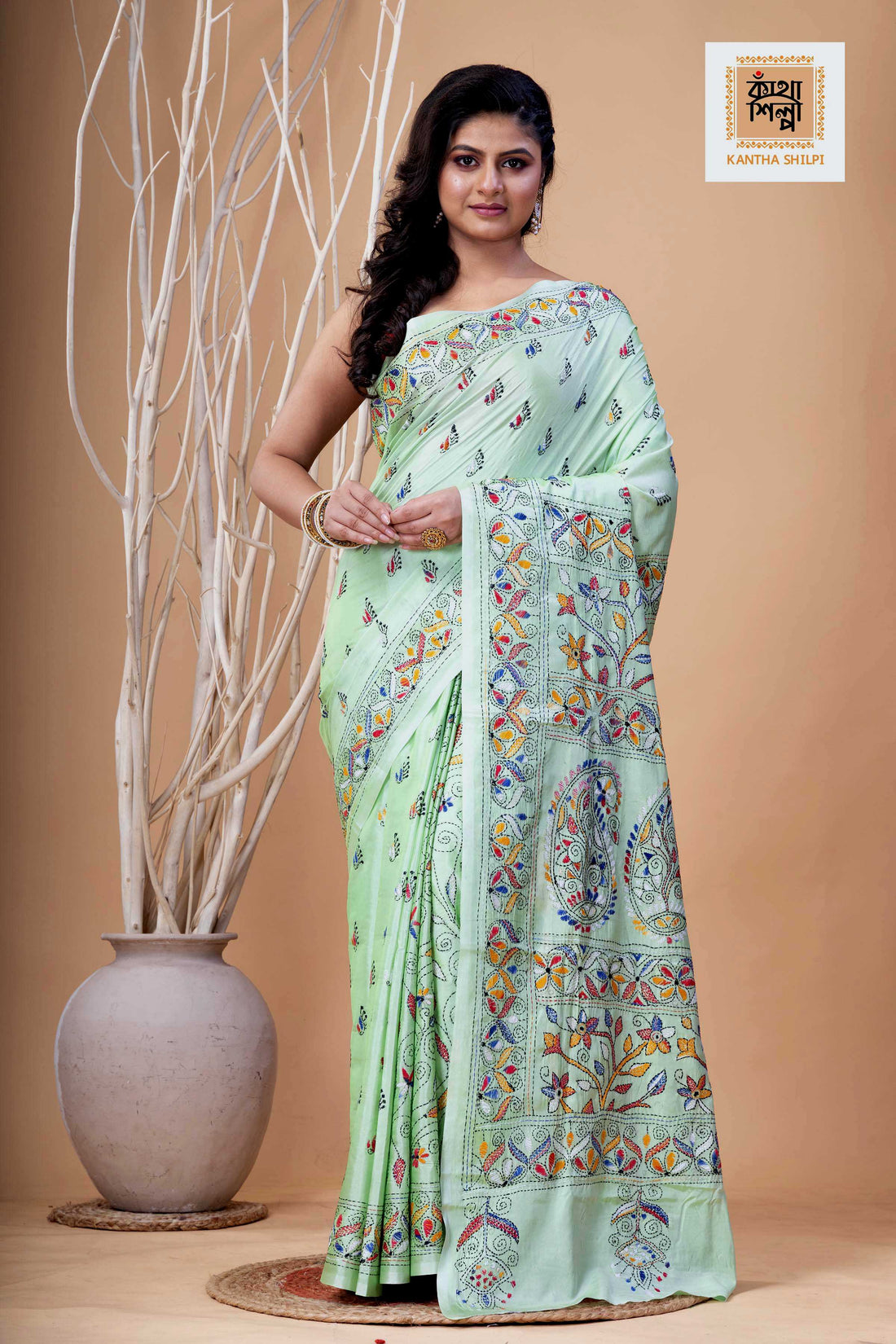 Mint Green Color Bangalore Silk Multicolor Thread Work Kantha Stitch Saree