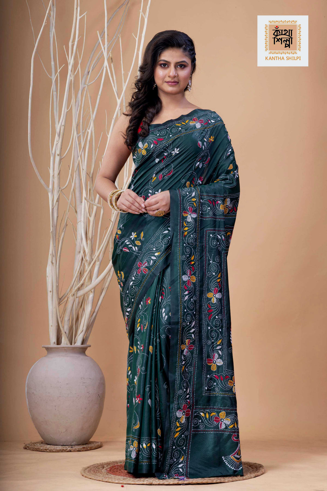 Dark Green Color Bangalore Silk Multicolor Thread Work Kantha Stitch Saree