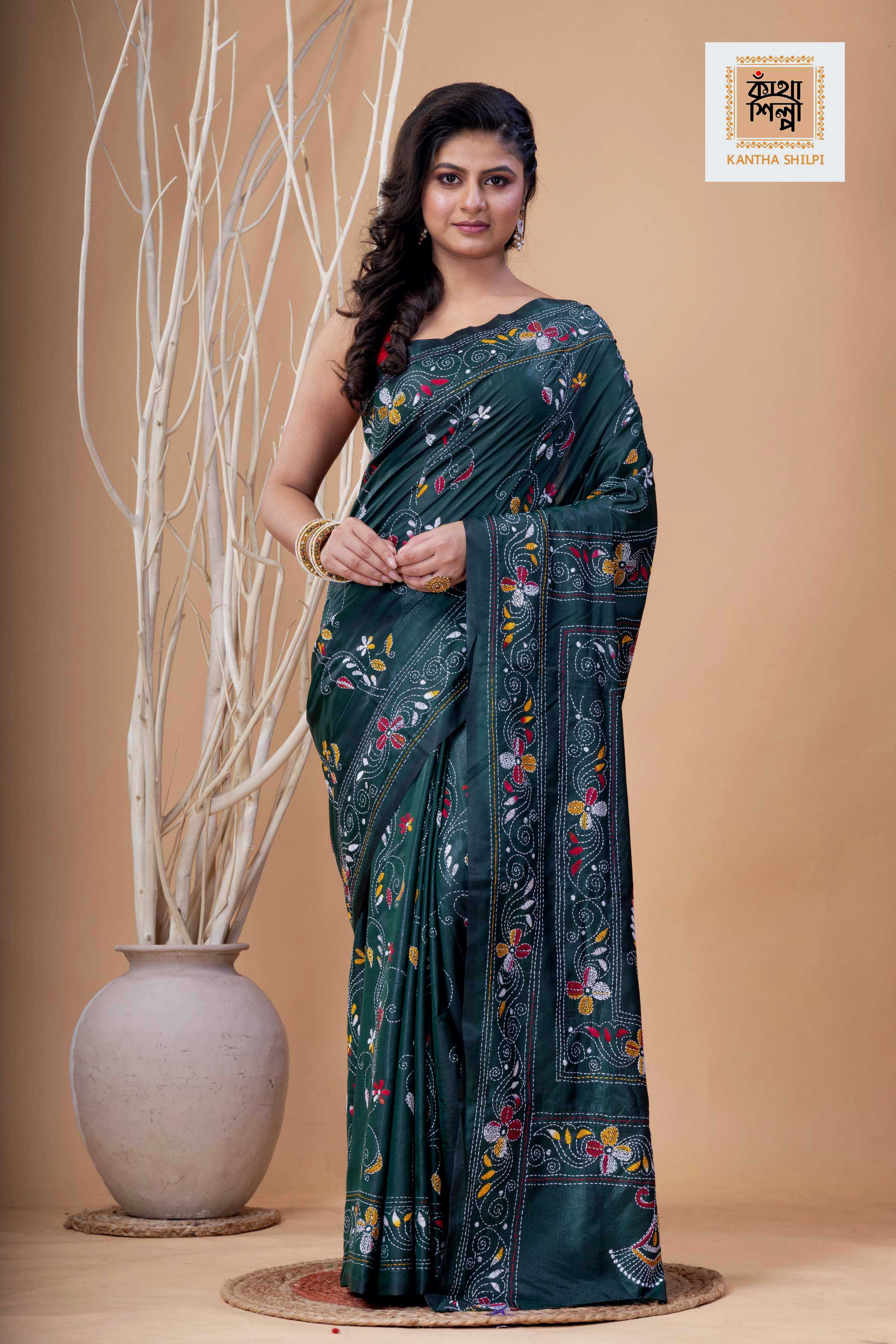 Dark Green Color Bangalore Silk Multicolor Thread Work Kantha Stitch Saree
