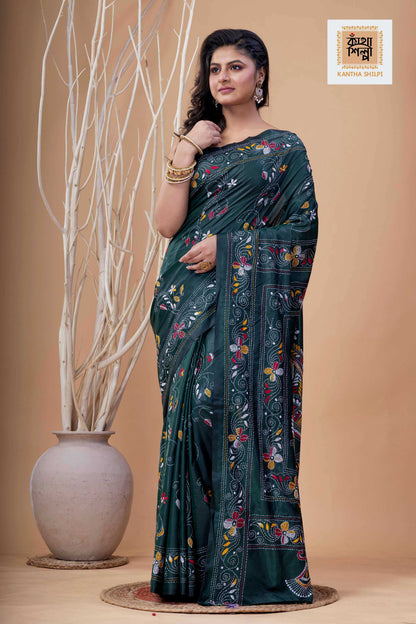 Dark Green Color Bangalore Silk Multicolor Thread Work Kantha Stitch Saree