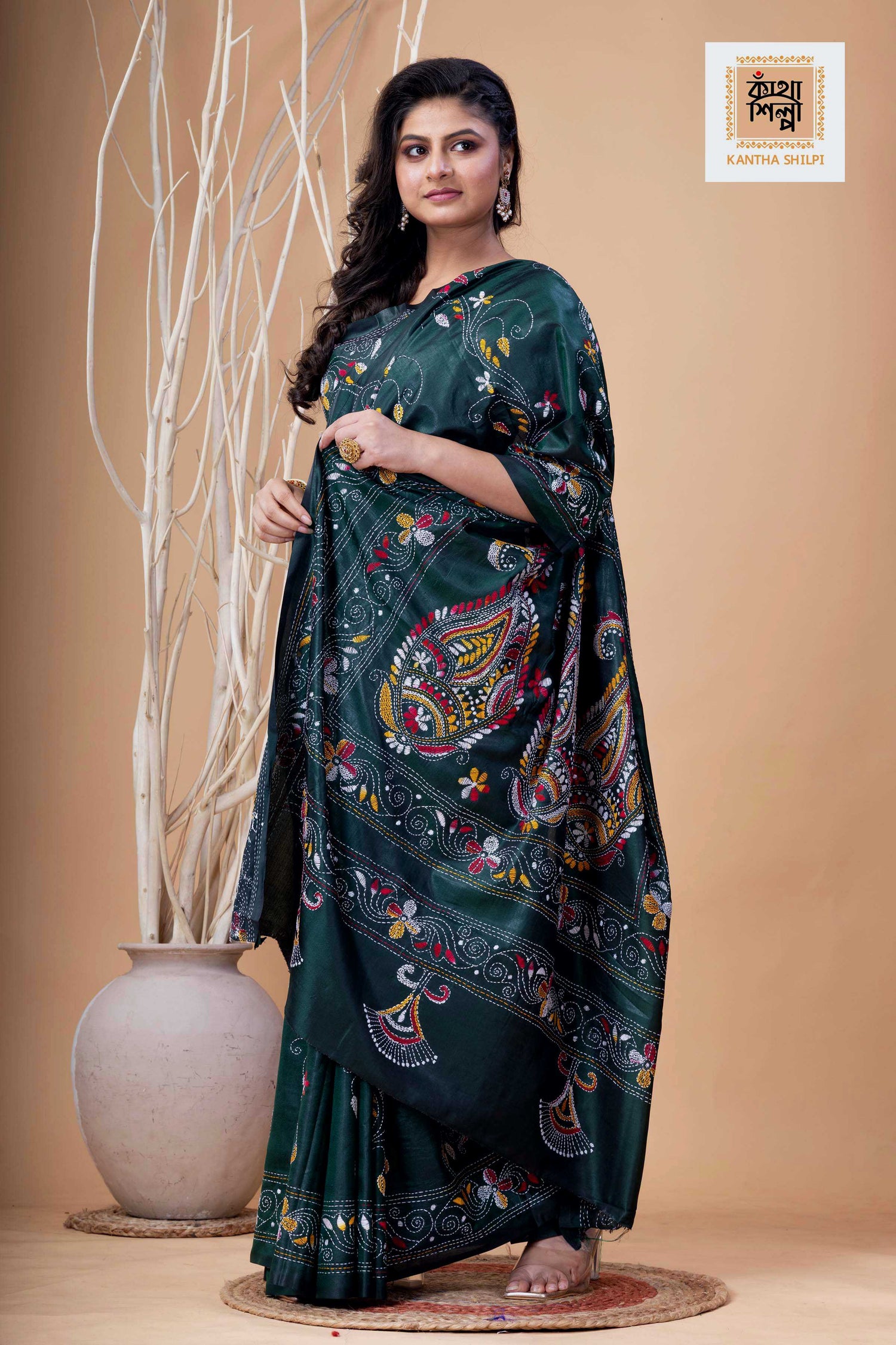 Dark Green Color Bangalore Silk Multicolor Thread Work Kantha Stitch Saree