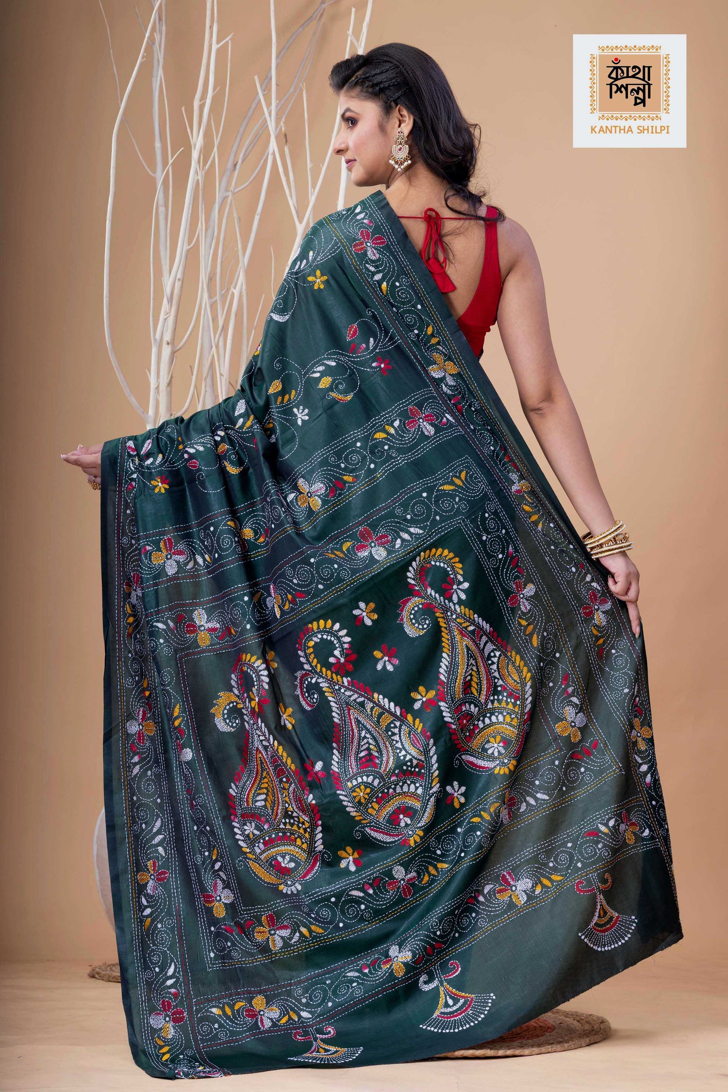 Dark Green Color Bangalore Silk Multicolor Thread Work Kantha Stitch Saree