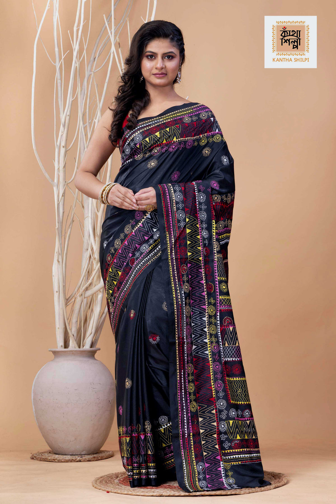 Black Color Bangalore Silk Multicolor Thread Work Lambani Stitch Saree