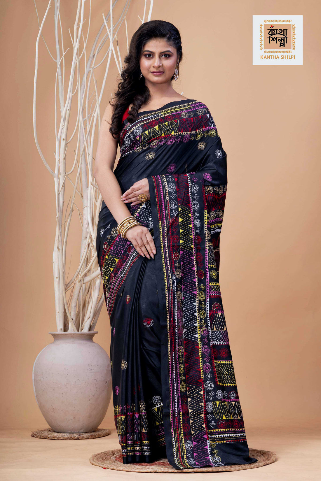 Black Color Bangalore Silk Multicolor Thread Work Lambani Stitch Saree