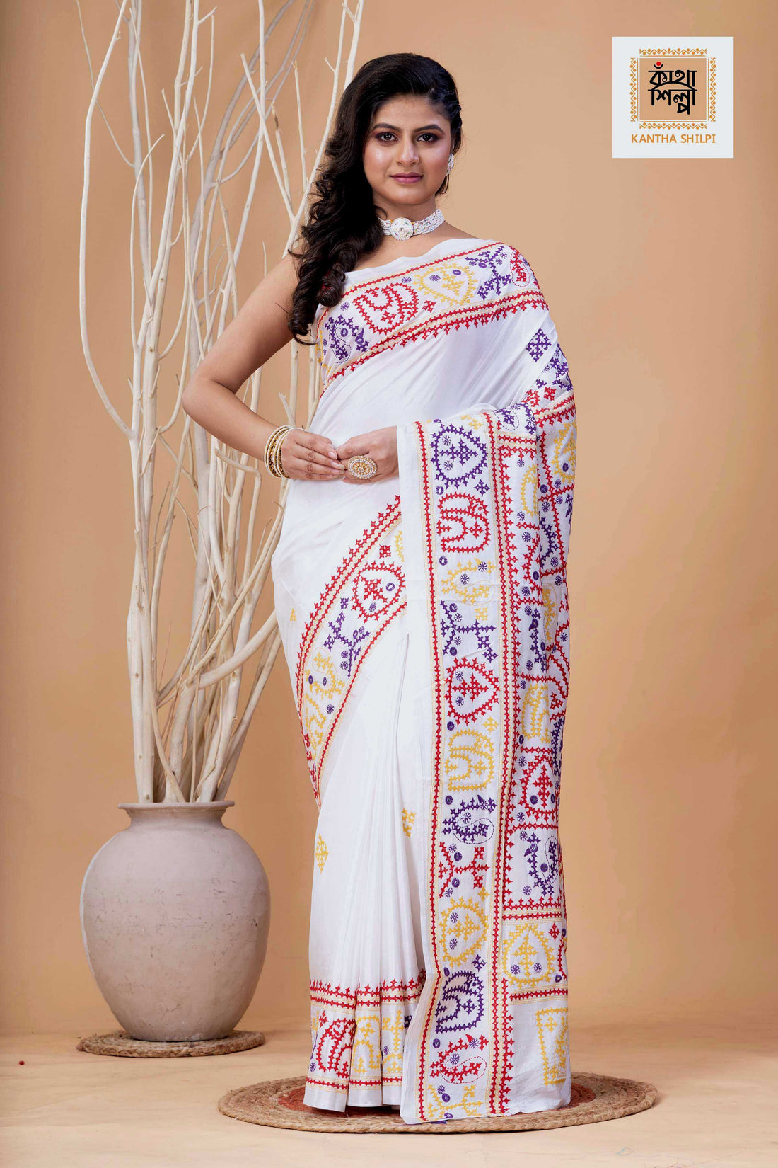 White Bangalore Silk Tri-color Thread Work Gujrati Stitch Saree