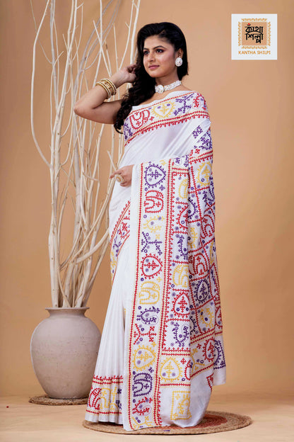 White Bangalore Silk Tri-color Thread Work Gujrati Stitch Saree