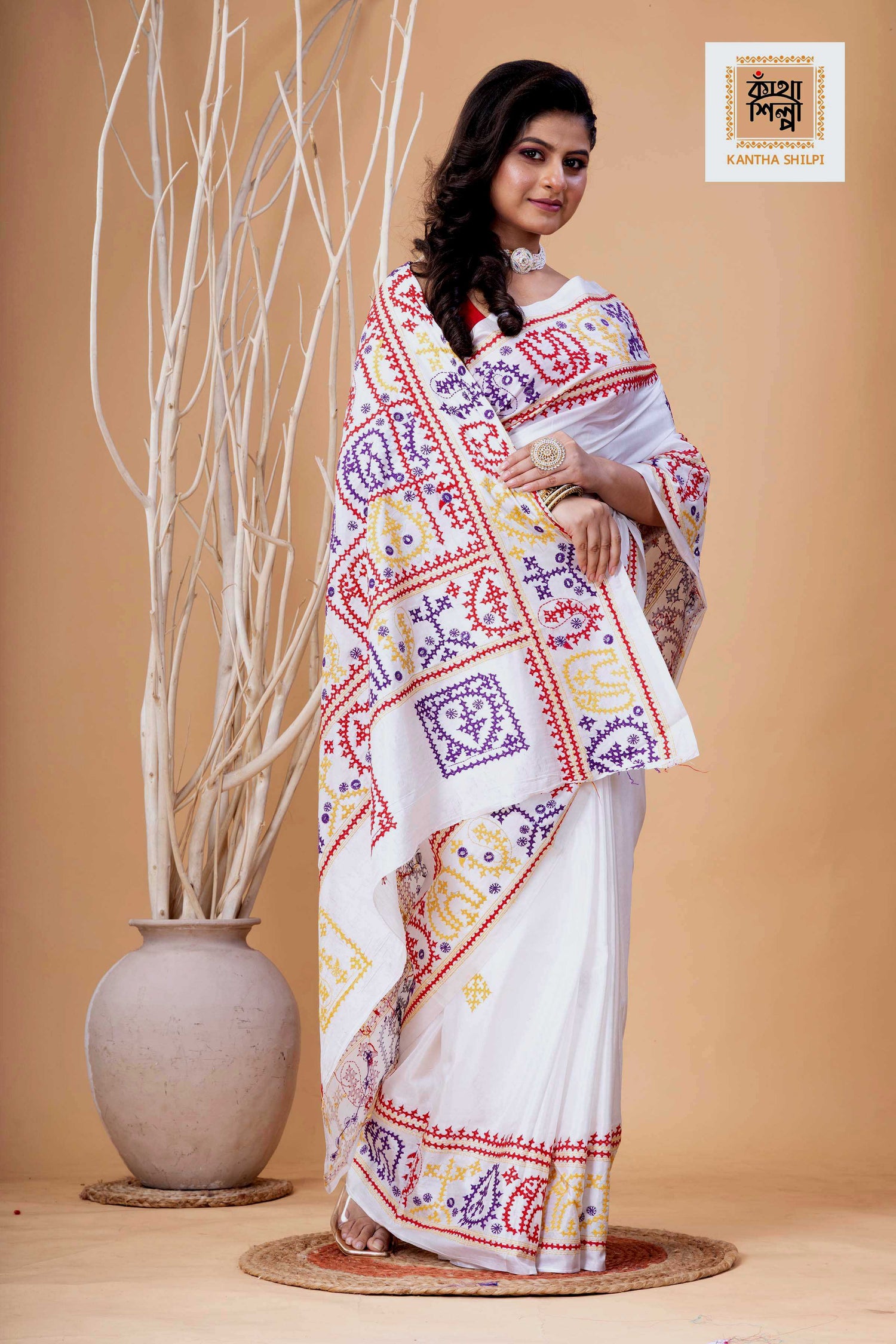 White Bangalore Silk Tri-color Thread Work Gujrati Stitch Saree