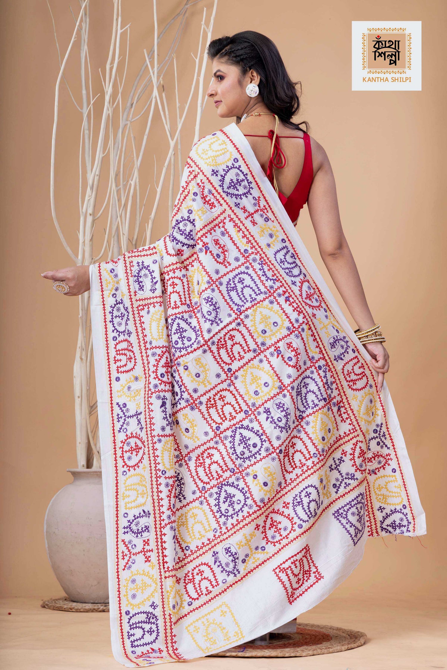 White Bangalore Silk Tri-color Thread Work Gujrati Stitch Saree