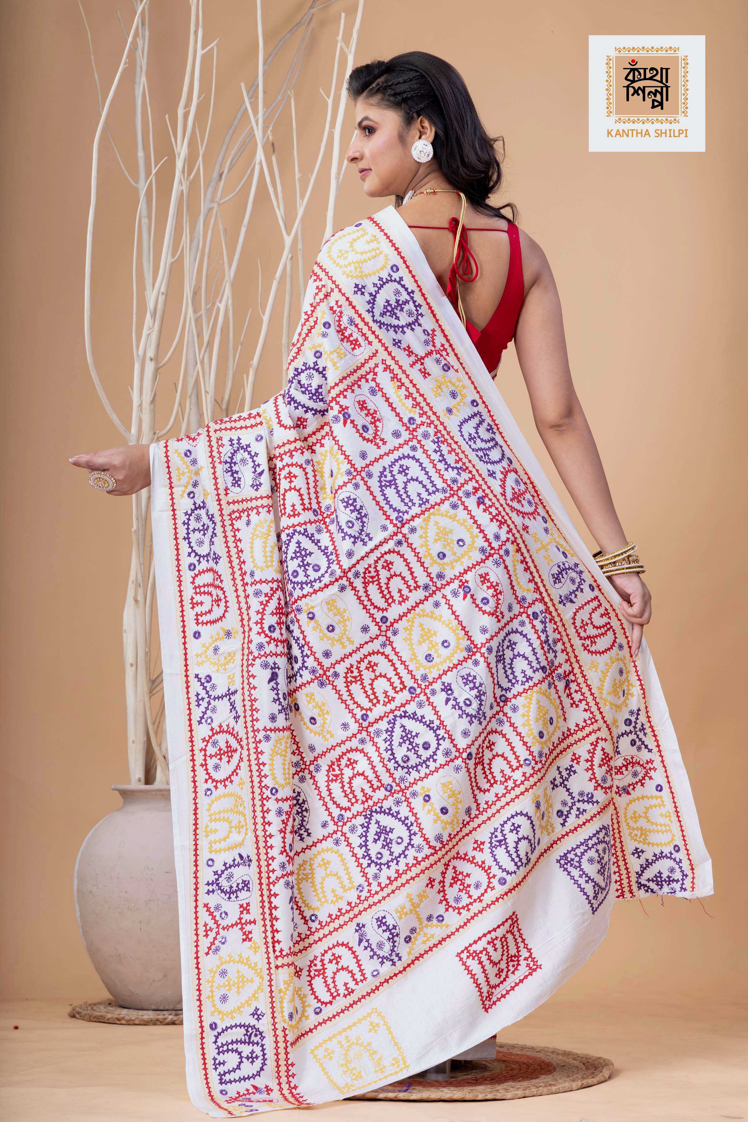 White Bangalore Silk Tri-color Thread Work Gujrati Stitch Saree
