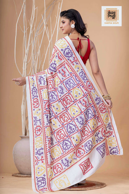 White Bangalore Silk Tri-color Thread Work Gujrati Stitch Saree