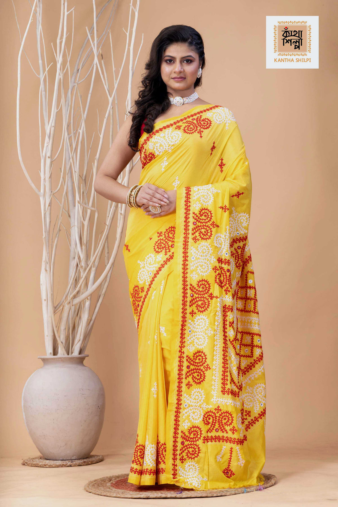Yellow Bangalore Silk Red-White Thread Work Gujrati Stitch Saree
