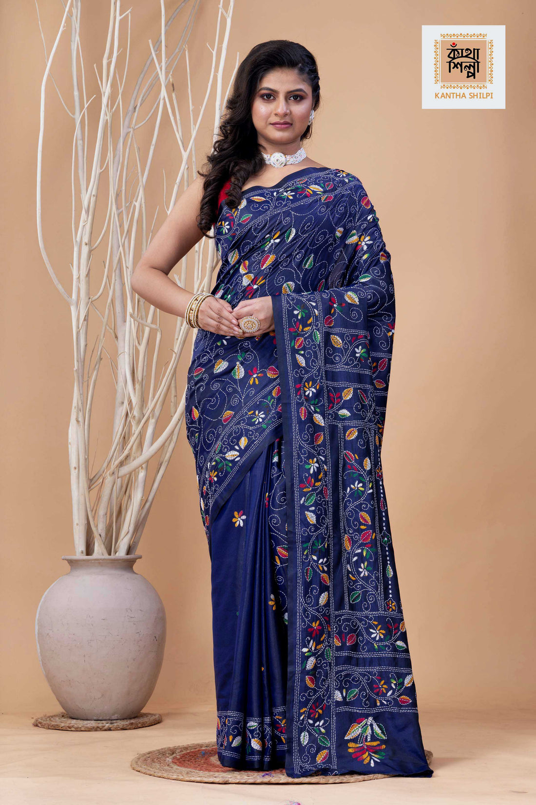 Mid Night Blue Color Bangalore Silk Multicolor Thread Work Kantha Stitch Saree