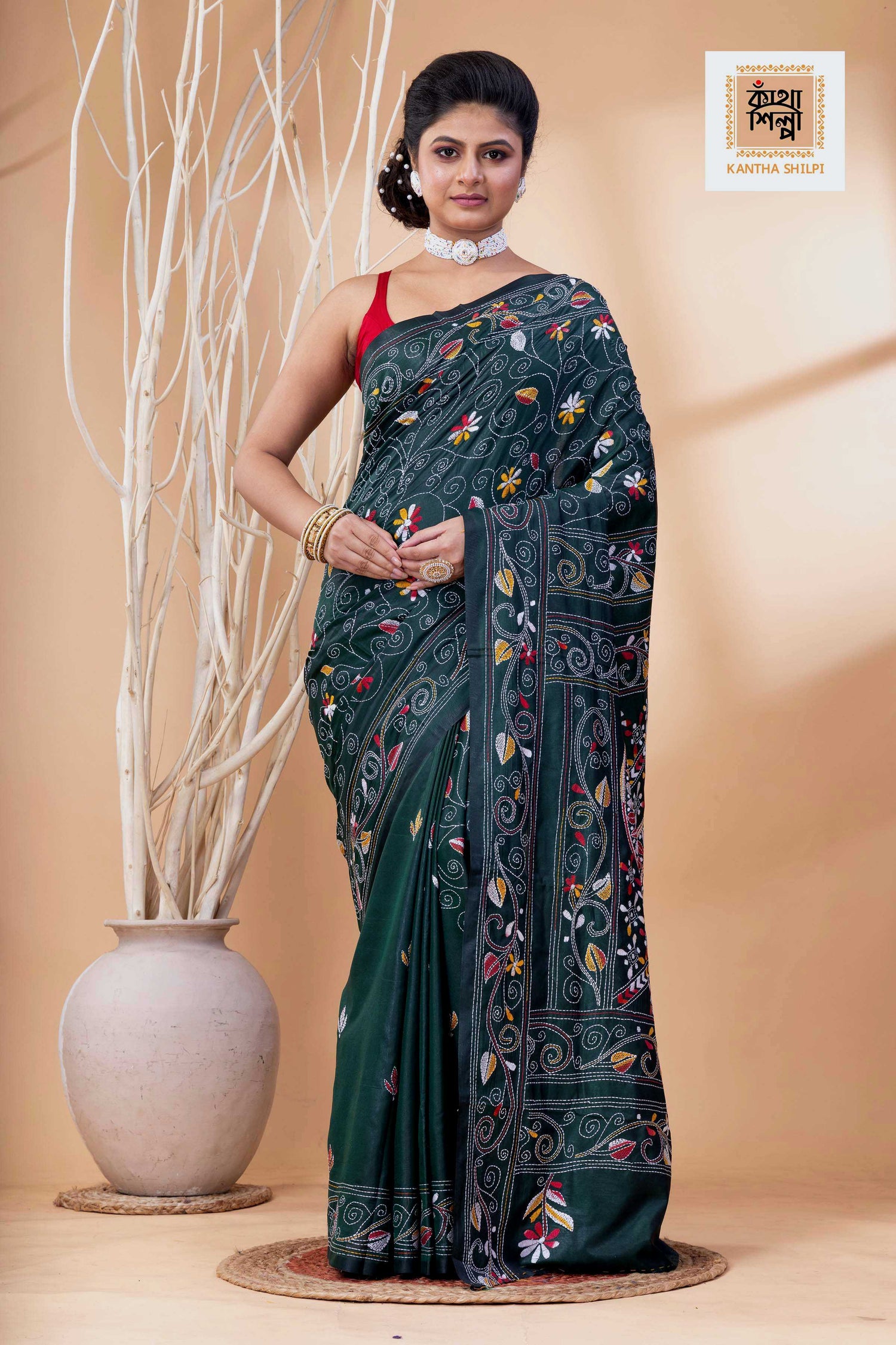 Dark Green Color Bangalore Silk Multicolor Thread Work Kantha Stitch Saree