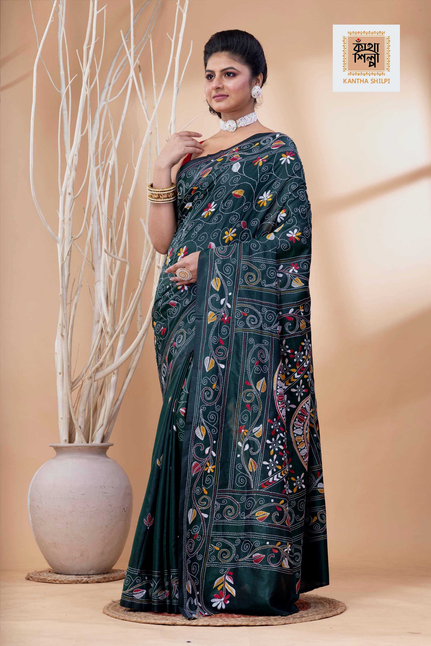 Dark Green Color Bangalore Silk Multicolor Thread Work Kantha Stitch Saree