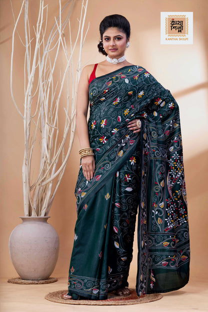 Dark Green Color Bangalore Silk Multicolor Thread Work Kantha Stitch Saree