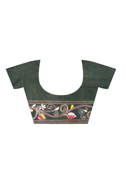 Dark Green Color Bangalore Silk Multicolor Thread Work Kantha Stitch Saree