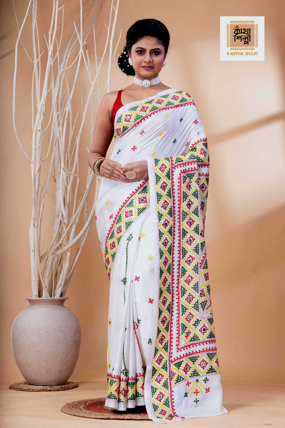 White Bangalore Silk Tri-color Thread Work Gujrati Stitch Saree