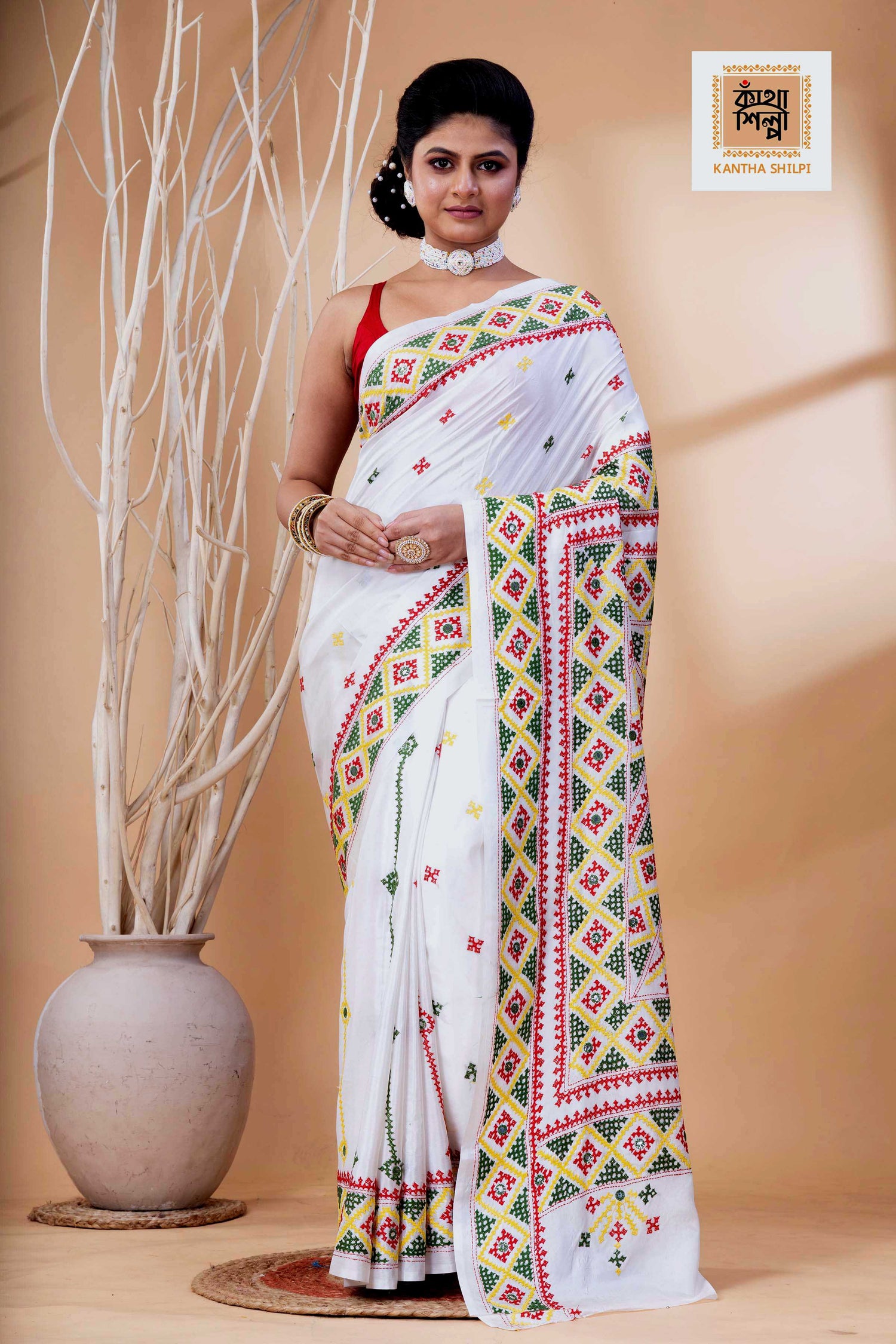 White Bangalore Silk Tri-color Thread Work Gujrati Stitch Saree