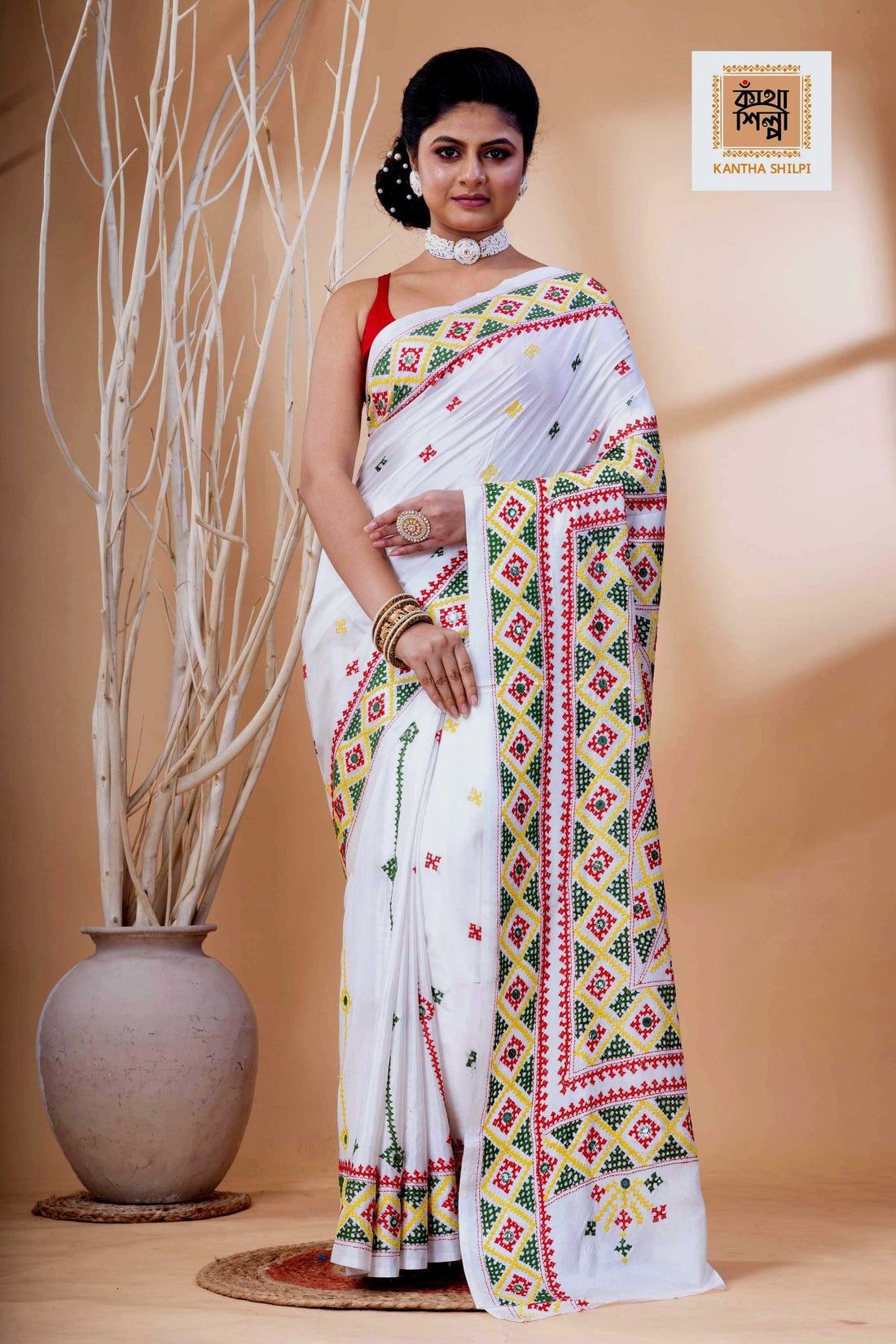 White Bangalore Silk Tri-color Thread Work Gujrati Stitch Saree