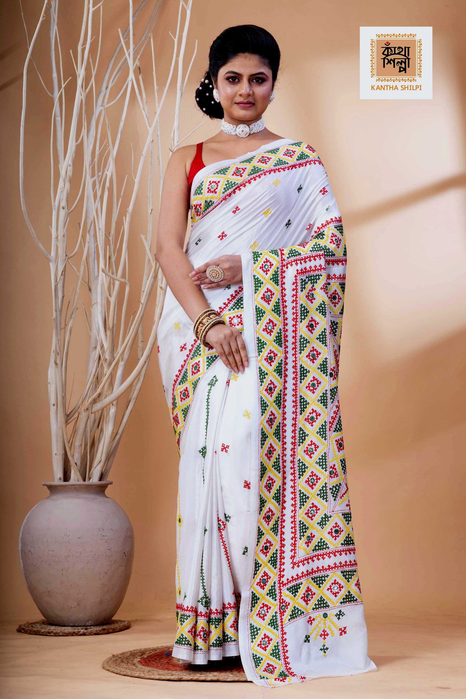 White Bangalore Silk Tri-color Thread Work Gujrati Stitch Saree