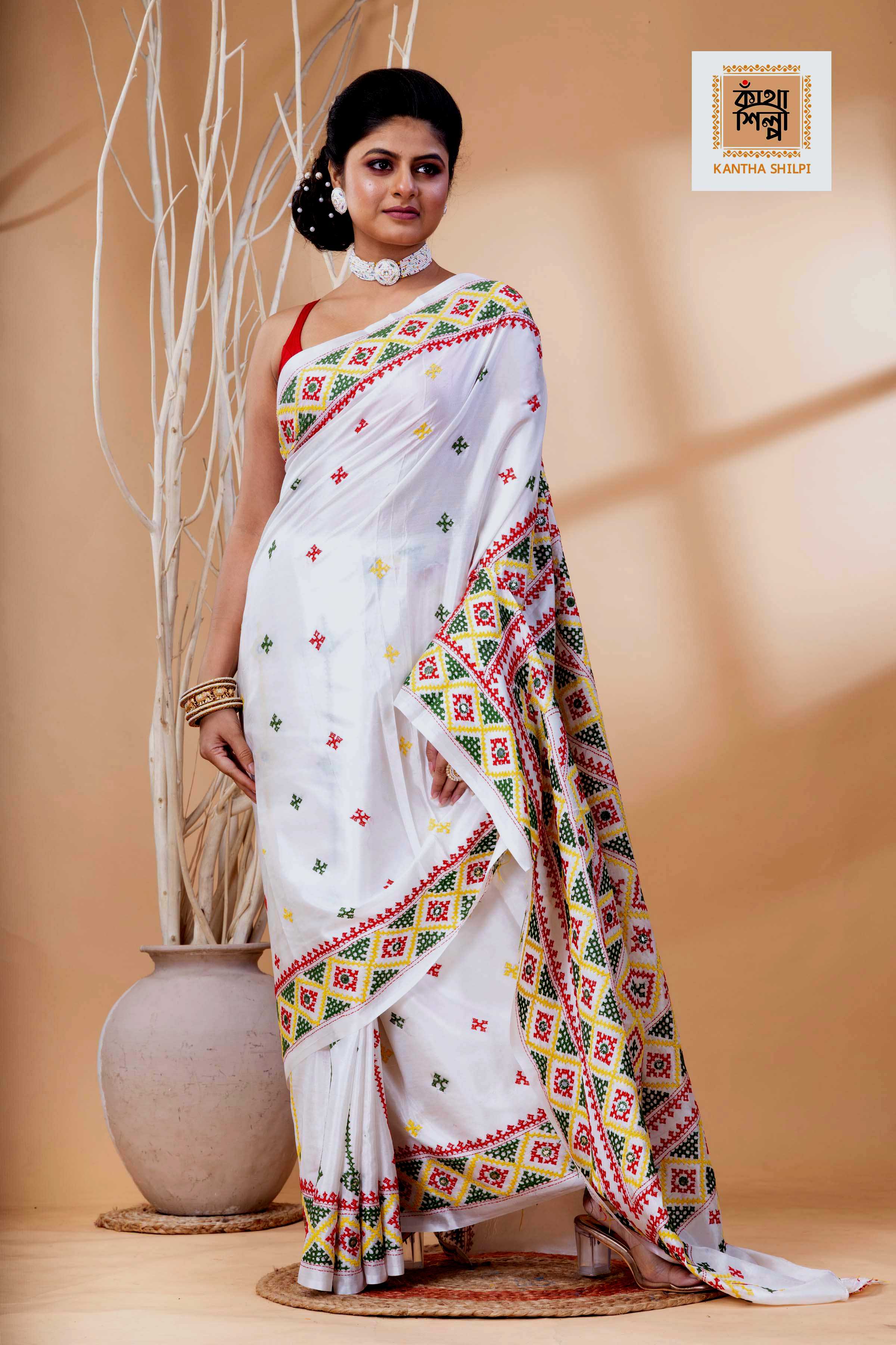White Bangalore Silk Tri-color Thread Work Gujrati Stitch Saree