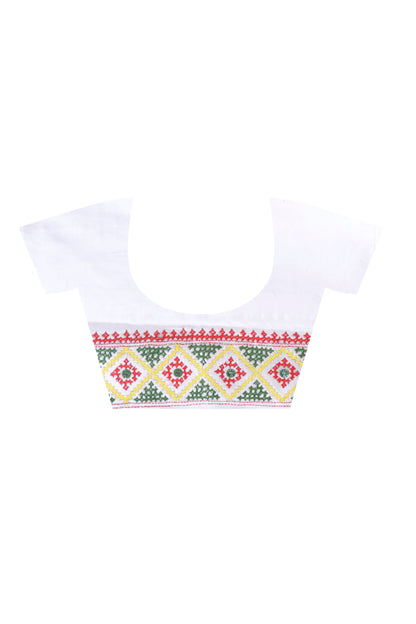 White Bangalore Silk Tri-color Thread Work Gujrati Stitch Saree