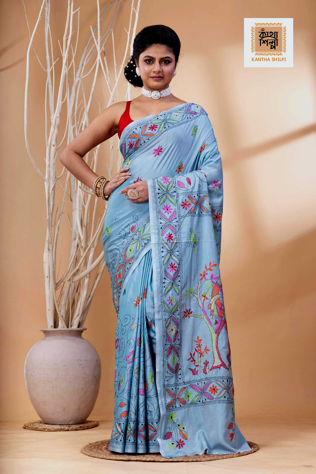 Light Blue Grey Color Bangalore Silk Multicolor Thread Work Kantha Stitch Saree