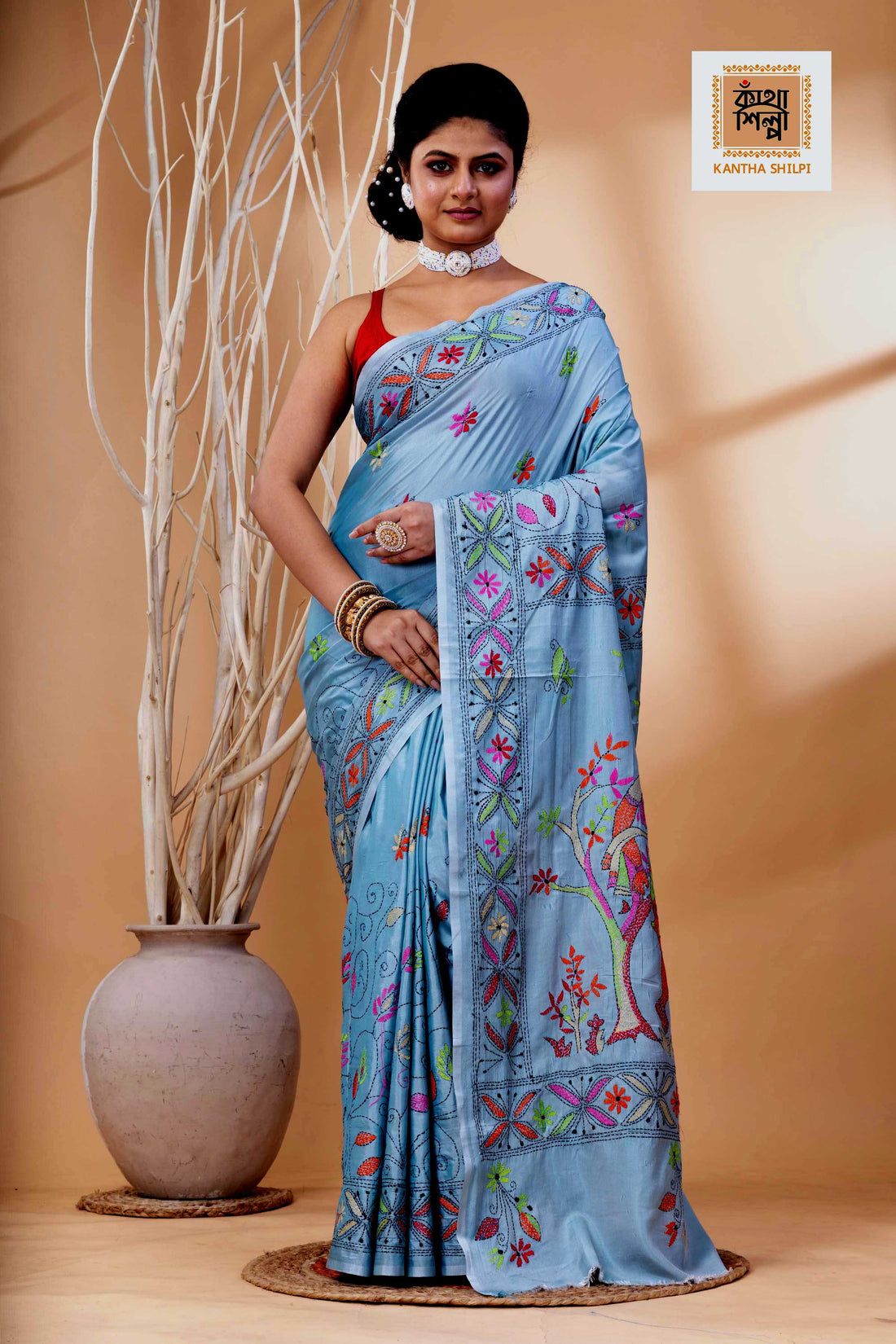 Light Blue Grey Color Bangalore Silk Multicolor Thread Work Kantha Stitch Saree