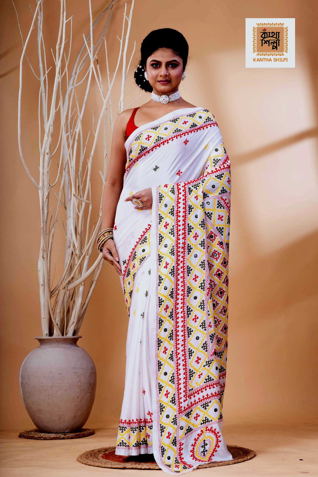 White Bangalore Silk Tri-color Thread Work Gujrati Stitch Saree