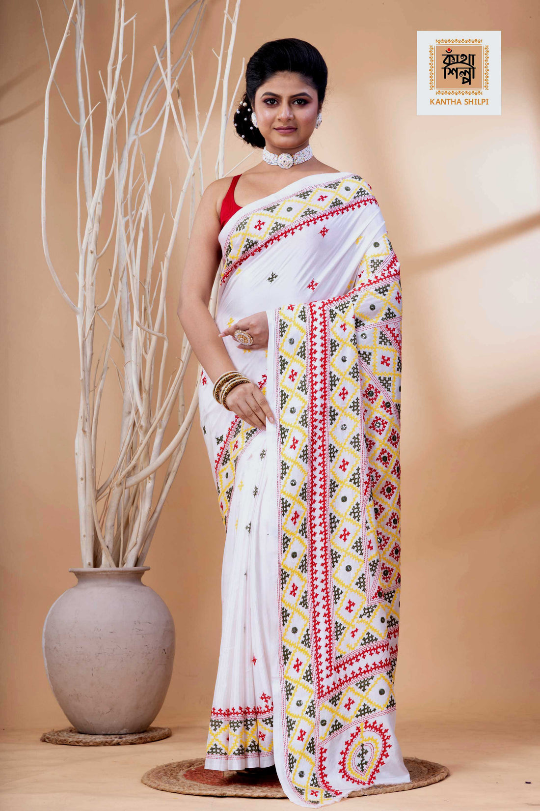 White Bangalore Silk Tri-color Thread Work Gujrati Stitch Saree