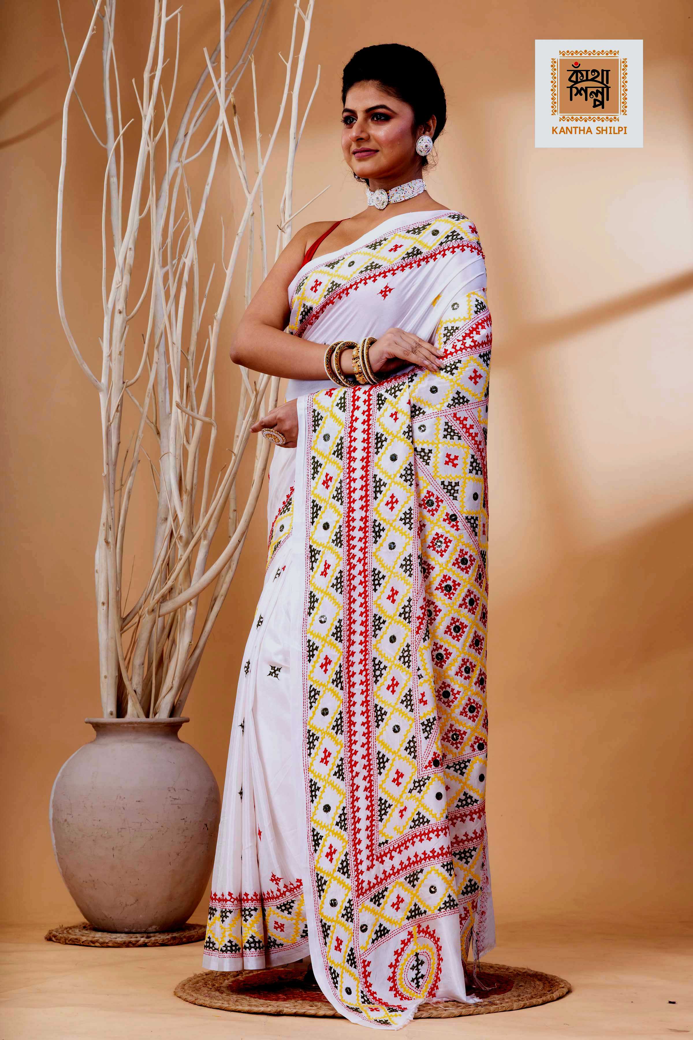 White Bangalore Silk Tri-color Thread Work Gujrati Stitch Saree