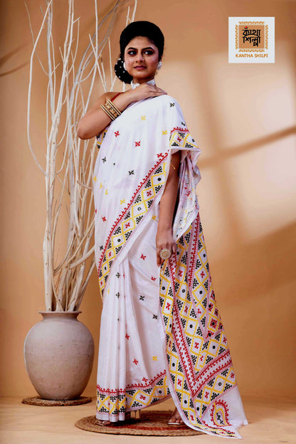 White Bangalore Silk Tri-color Thread Work Gujrati Stitch Saree